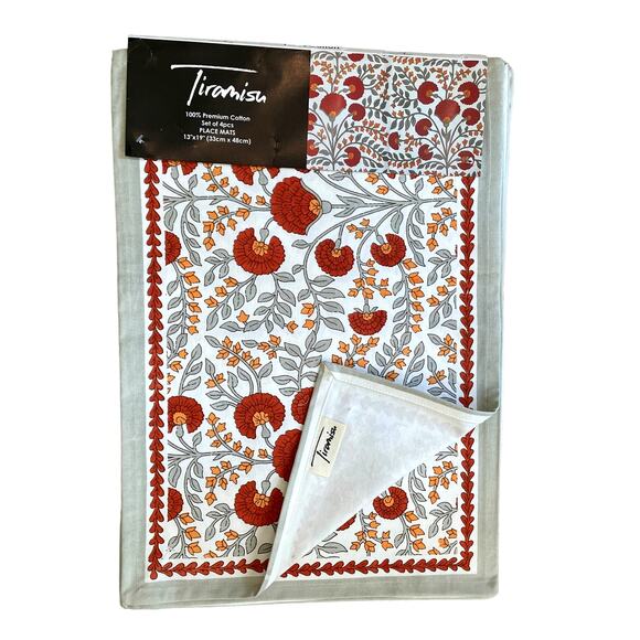 TIRAMISU Floral Block Printed Cotton 13x19 Placemats Set of 4 Orange | Sage NEW - Picture 4 of 5